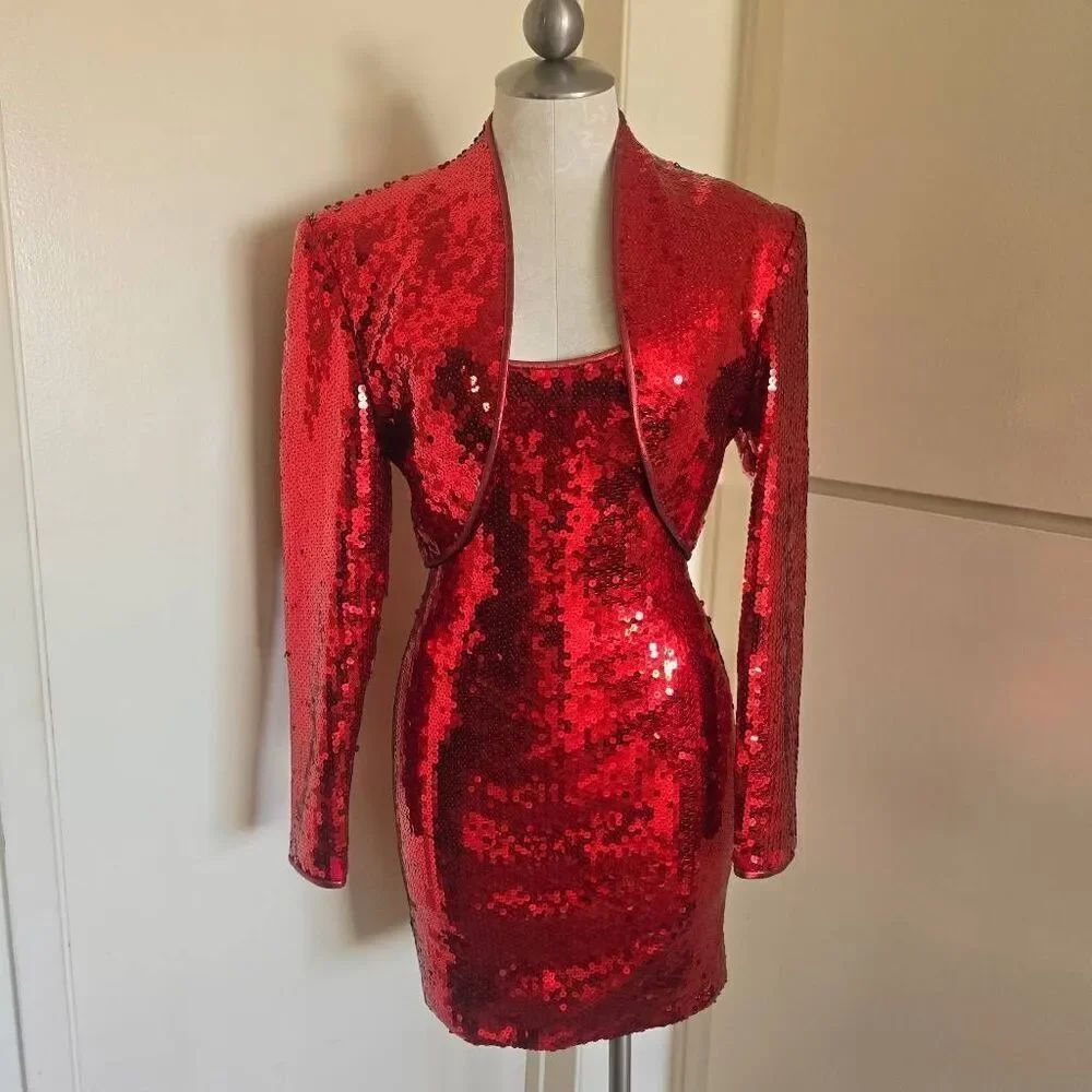 Tom & Linda Platt Vtg. Ruby Red Sequin 2 pc. Tank Dress & Bolero Jkt, S, Amazing